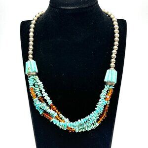 Vintage Navajo Four-Strand Turquoise and Amber Necklace w/Fluted Barrel Beads